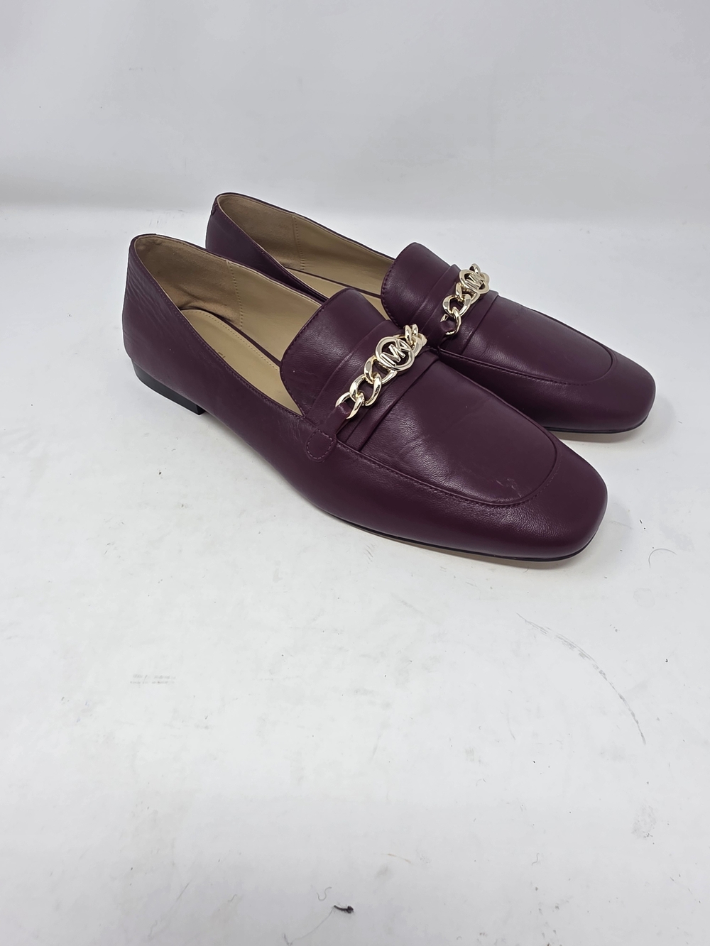 Michael Kors Womens Size 9M Plum Maroon Leather Gold Chain Link Loafers Flats